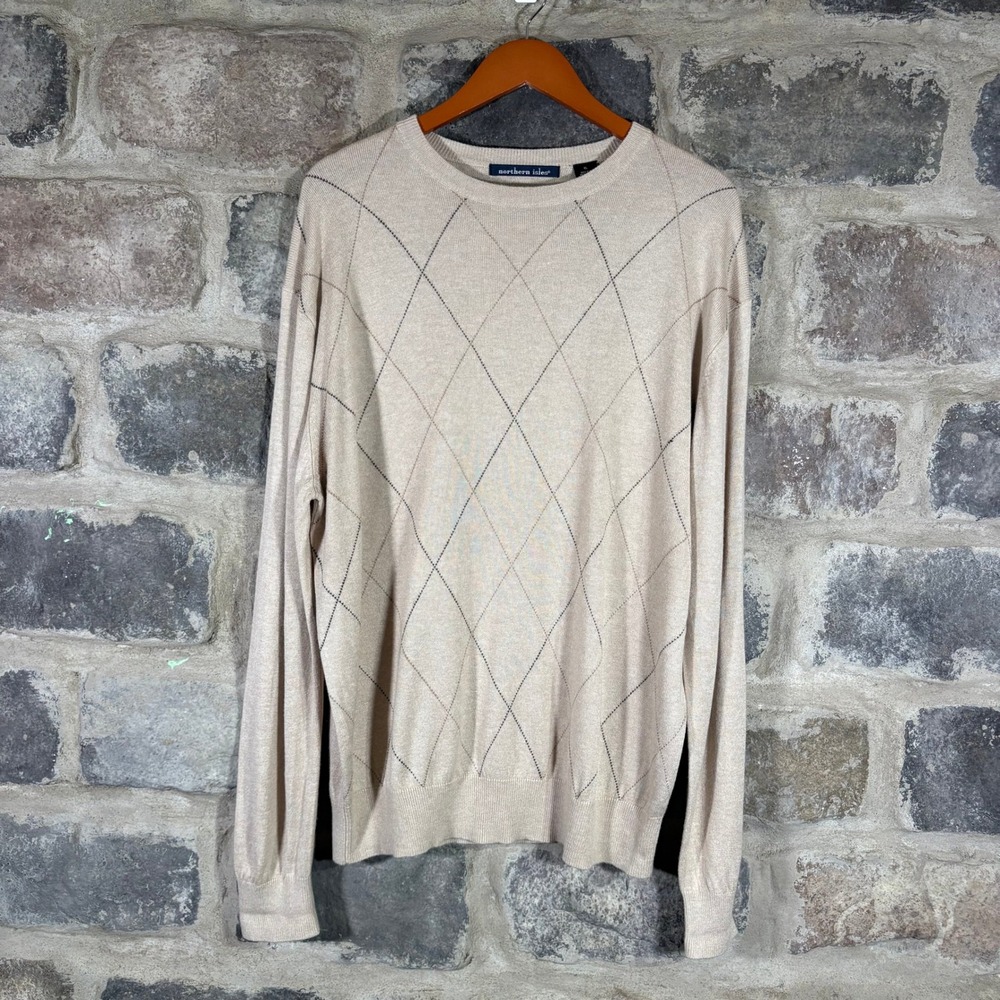 Northern Isles Mens Argyle‎ Sweater XL Silk Cashmere Blend Crew Neck Beige